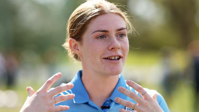 SYDNEY, AUSTRALIA - SEPTEMBER 05:  Cortnee Vine of Sydney FC speaks to the media during a Sydney FC Women's Football Legacy Announcement at Sky Park on September 05, 2023 in Sydney, Australia. (Photo by Matt King/Getty Images)