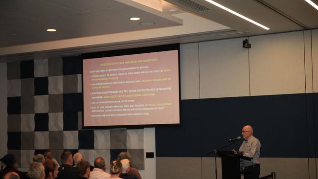 Former director general of the Queensland Corrective Services Commission, Keith Hamburger speaking at the Cairns community crime forum on Tuesday night. Picture: Molly Frew