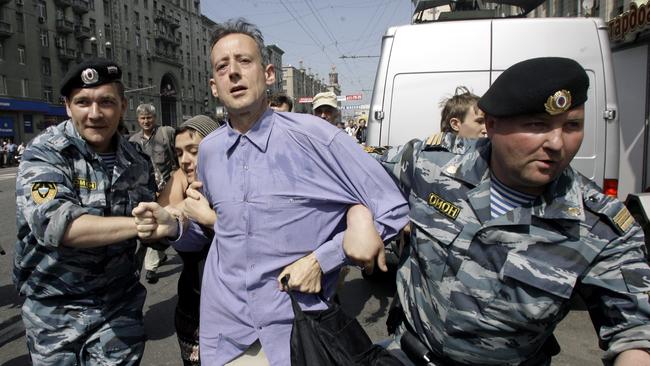 Tatchell being arrested by riot police during a gay pride march demonstration in Moscow in 2007.