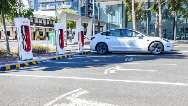 A Tesla Supercharger charging station in Franklin St, Adelaide. Picture: NCA NewsWire / Brenton Edwards