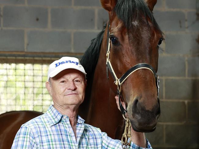 DAILY TELEGRAPH. SEPTEMBER 27, 2022.Pictured is Horse Trainer David Payne with Hill Stakes favourite Montefilia at Payne Stables in Rosehill today. Picture: Tim Hunter.