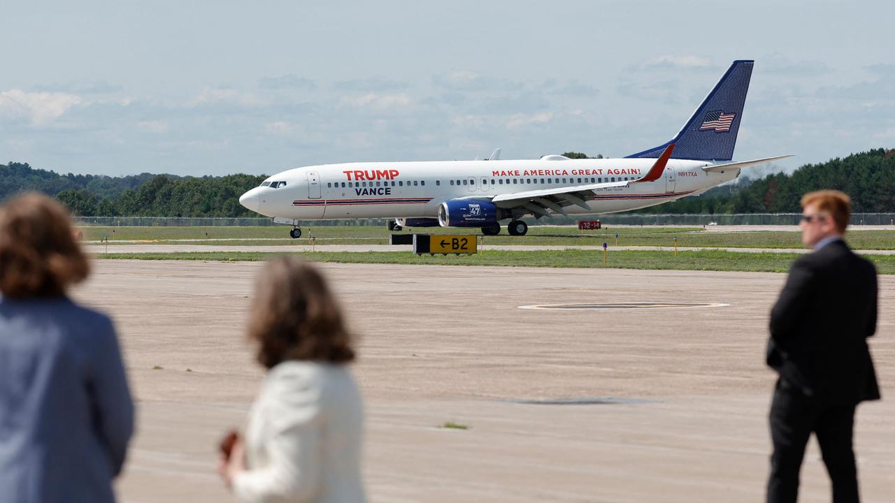 A Trump-Vance campaign plane, with US Senator and 2024 Republican vice presidential candidate J.D. Vance on board, landed at Chippewa Valley Regional Airport in Wisconsin. Picture: Kamil Krzaczynski / AFP