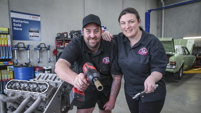 K and T Auto Garage’s Kylie Emery and Tom Surrey in their workshop. Picture: Wayne Taylor