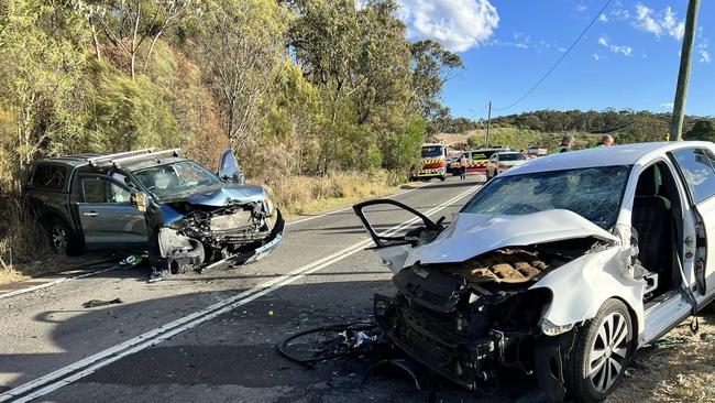A head on crash between a ute and hatchback on Mona Vale Rd at Ingleside on Thursday, which left three people, including an elderly couple, in Royal North Shore Hospital. Picture: Terrey Hills Rural Fire Service