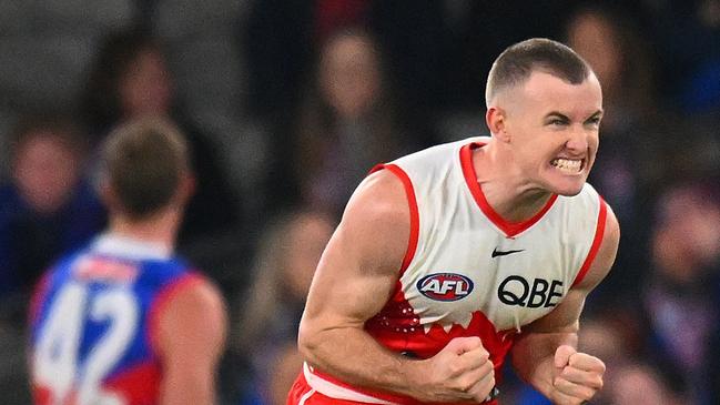 MELBOURNE, AUSTRALIA - MAY 23: Chad Warner of the Swans reacts on the final siren during the round 11 AFL match between Western Bulldogs and Sydney Swans at Marvel Stadium, on May 23, 2024, in Melbourne, Australia. (Photo by Morgan Hancock/Getty Images)