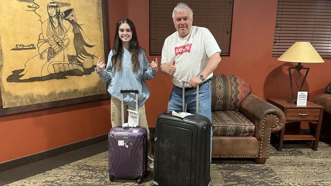 Rex Patrick with his daughter, after they were reunited with their luggage. Picture: Facebook