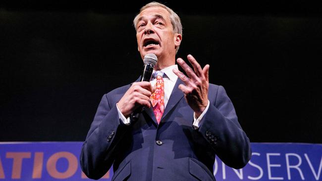 British eurosceptic politician Nigel Farage speaks during the ‘NatCon’ national conservatism conference before it was shut down. Picture: AFP