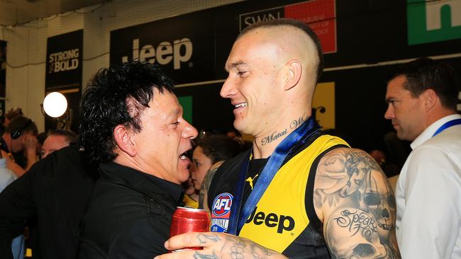 Dustin Martin of the Tigers hugs his manager Ralph Carr after the 2019 AFL Grand Final. Picture: Mark Stewart