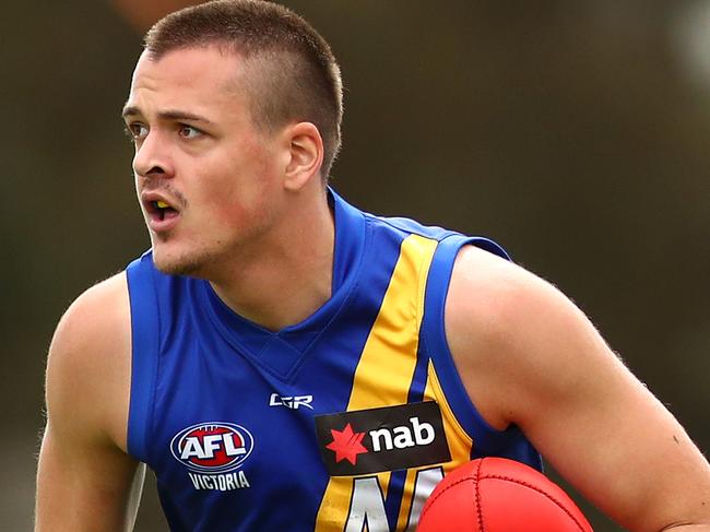 MELBOURNE, AUSTRALIA - MARCH 31: Archi Manton of the Western Jets handballs during the round two NAB League match between the Western Jets and Eastern Ranges at Trevor Barker Beach Oval on March 30, 2019 in Melbourne, Australia. (Photo by Kelly Defina/AFL Photos/Getty Images)