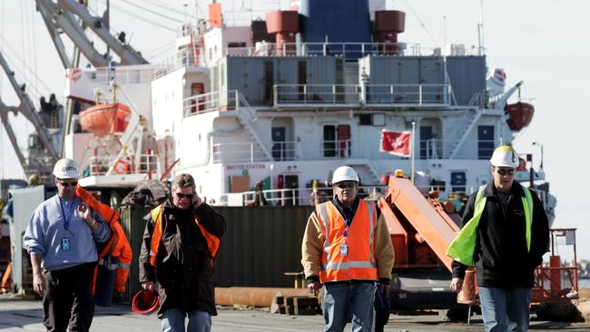 MUA delegates at Port Kembla. Picture: Graham Crouch