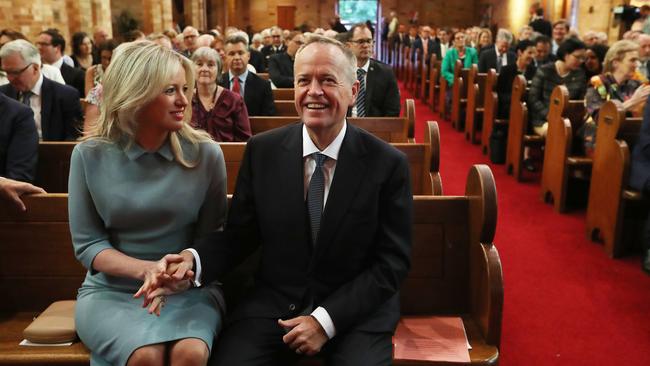 Mr Shorten with wife Chloe attend the 2019 church service for the start of the Parliamentary Year at St Paul’s, Canberra on Tuesday. Picture: Kym Smith