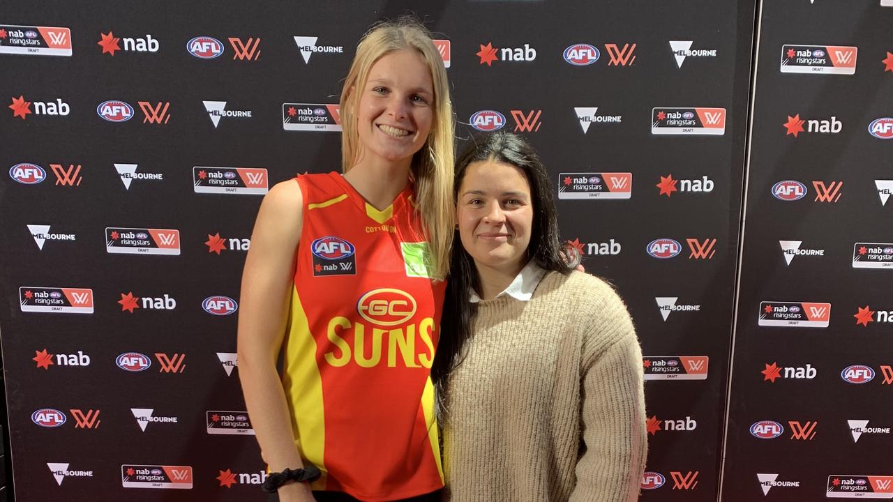 Gold Coast's Serene Watson with partner Madison Prespakis after being selected by the Suns with Pick 18 in the 2019 AFL Women's Draft. Photo: Supplied