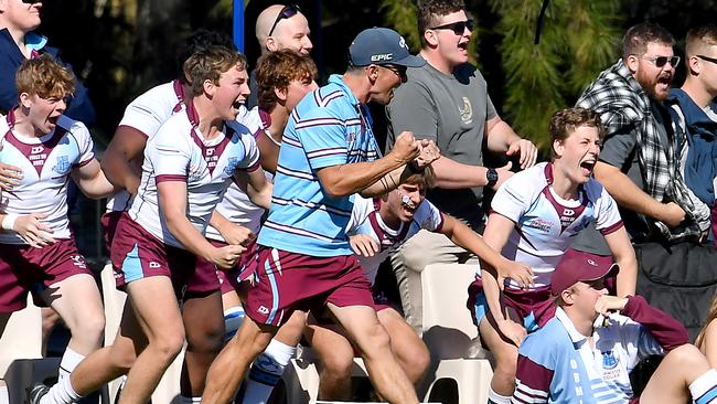 Ormiston players celebrate the win. TAS First XV schoolboy rugby grand final between Ormiston College and St Columban's College. Saturday June 11, 2022. Picture, John Gass