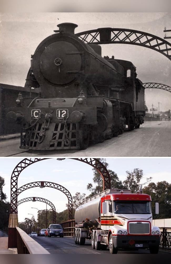 A steam train on the Echuca-Moama Bridge shortly after construction in 1879, and the bridge in modern times. Pictures: State Library of Victoria, Herald Sun archive