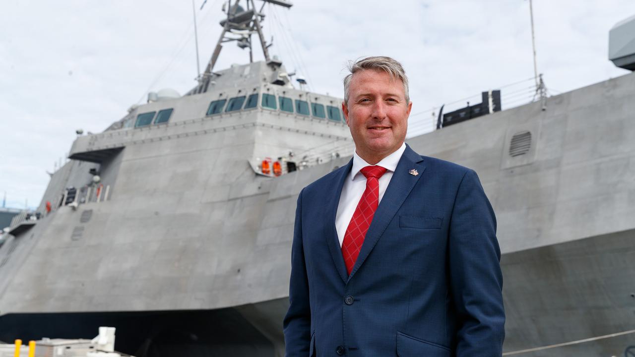 Austal chief executive Paddy Gregg in front of the USS Canberra, which was built in the US by Austal. Picture: David Swift/NewsWire