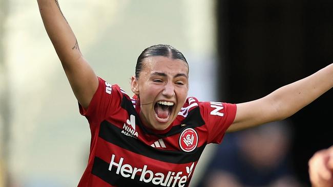 SYDNEY, AUSTRALIA - DECEMBER 14: Sienna Saveska of the Wanderers celebrates scoring a goal during the round six A-League Women's match between Western Sydney Wanderers and Western United at CommBank Stadium, on December 14, 2024, in Sydney, Australia. (Photo by Cameron Spencer/Getty Images)