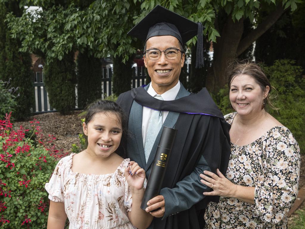 Bachelor of Laws graduate Bon Arribas with daughter Ariana and wife Karen Arribas at a UniSQ graduation ceremony at Empire Theatres, Tuesday, February 13, 2024. Picture: Kevin Farmer