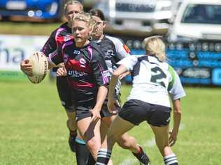 BIG RUN: Toowoomba Valleys Fillies player Kirilee Sires takes on the Souths-Logan defence. The Fillies lost thier season opener 18-16. Picture: Nev Madsen