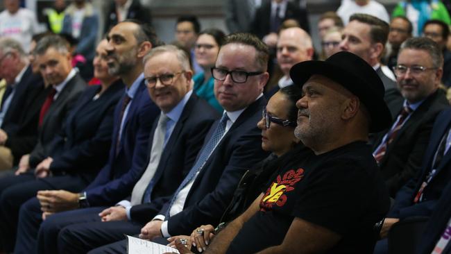 Former Footballer Adam Goodes, Prime Minister Anthony Albanese, Qantas CEO Alan Joyce, Minister Linda Burney, Noel Pearson, are seen at the launch of the Qantas 'Yes' Campaign in Sydney. Picture: NCA Newswire / Gaye Gerard