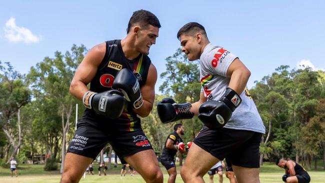 Nathan Cleary sparring with Australian boxer Bilal Akkawy during a Panthers pre-season camp in Broken Bay. Picture: Penrith Panthers