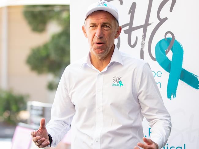 SHE chair, Scott Harris talks to media ahead of the Tasmania JackJumpers Teal game.Picture: Linda Higginson