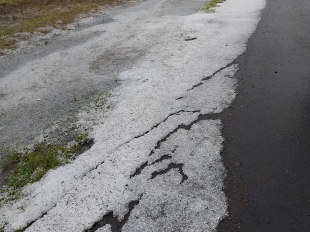 Hail on the side of the road following a storm at Jandowae. Photo: Social media.