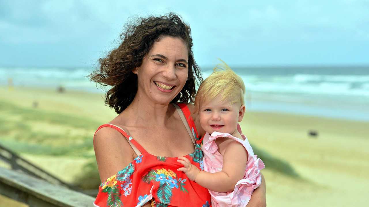 Letea Cavander with her daughter Tallulah Stuart at Coolum Beach. Picture: John McCutcheon