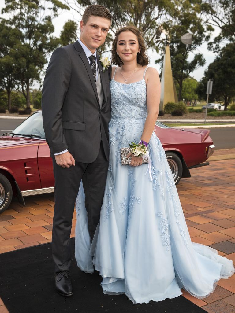 Alex Buckley and Faith Palmer arrive at Wilsonton State High School formal at USQ, Wednesday, November 18, 2020. Picture: Kevin Farmer