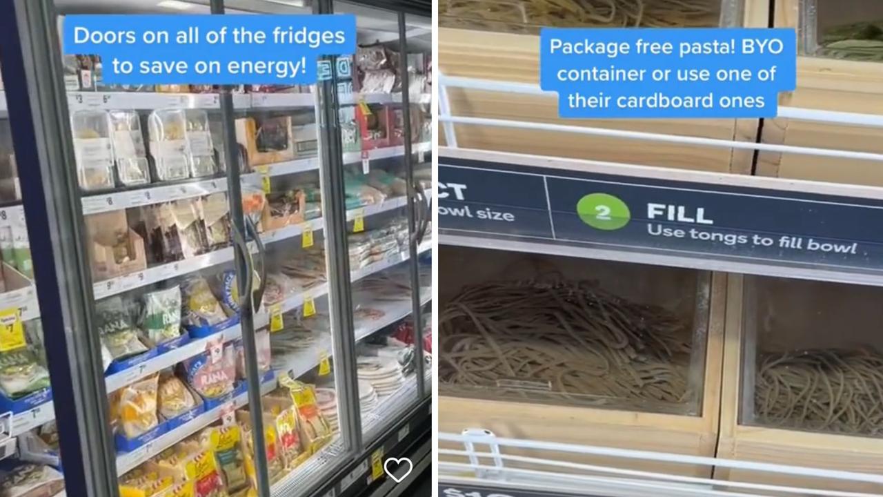 More supermarkets are installing fridges with doors and fill-it-yourself shelving with products to reduce energy use and food waste. Picture: Instagram / @banish.au