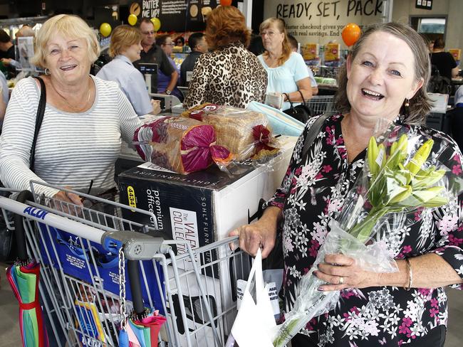 Rhonda Woods and Vicki Phillips shop up a storm at Aldi’s first South Australian store, at Parafield Gardens. Picture: Dean Martin