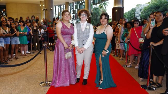 Samia Bolton, Lucy Seaton and Shirley Vue arrive at the Trinity Bay High School formal evening, held at the Cairns Convention Centre. Picture: Brendan Radke