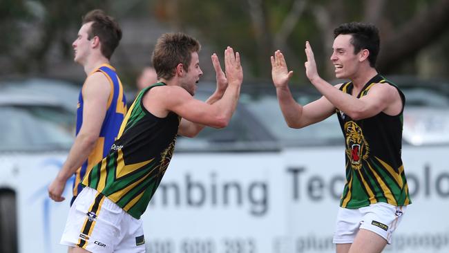 C’mon: Dromana teammates Sam Geurts (left) and Ethan Johnstone celebrate a goal against Somerville on Saturday. Picture: David Crosling