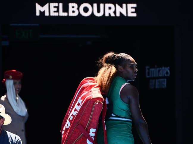 Serena Williams leaves Rod Laver Arena. Picture: AFP