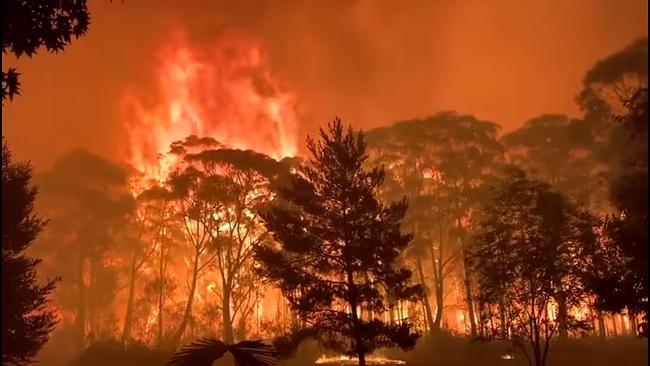 A blaze rips through Mt Tomah on Sunday in a video shot by NSW RFS Captain Peter Duff from the Terrey Hills Brigade. Picture: Supplied