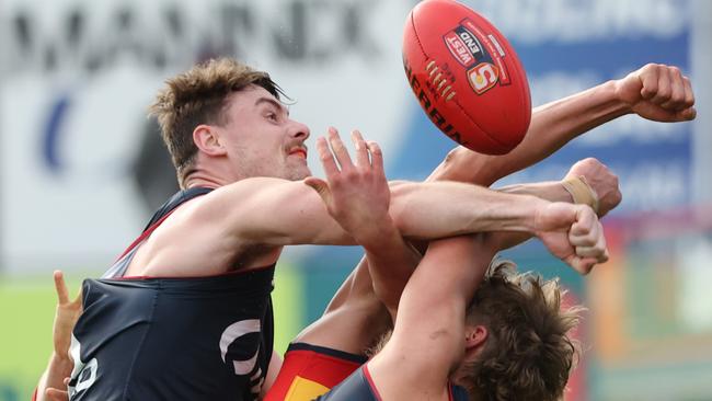 Norwood’s Harry Boyd thumps the ball forward against Adelaide in Round 14. Picture: David Mariuz/SANFL