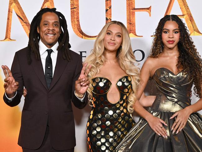 Jay-Z, Beyonce and their daughter Blue Ivy Carter, who voices the role of Princess Kiara in the feature film Mufasa: The Lion King. Picture: AFP