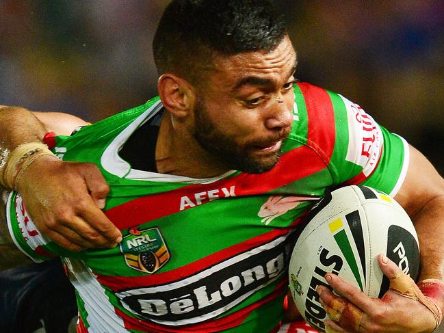 The North Queensland Cowboys v South Sydney Rabbitohs from 1300 Smiles Stadium.  Rabbitohs Nathan Merritt is tackled.  Picture: Zak Simmonds