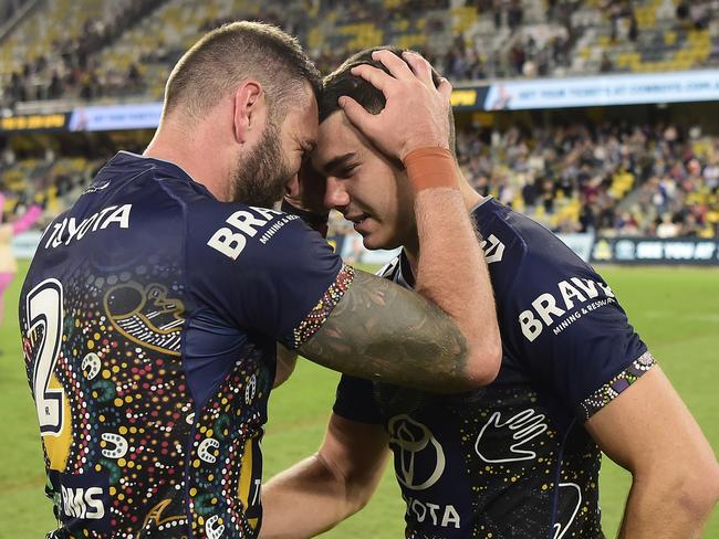 TOWNSVILLE, AUSTRALIA - MAY 28:  Jake Clifford and Kyle Feldt of the Cowboys celebrate after winning the round 12 NRL match between the North Queensland Cowboys and the New Zealand Warriors at QCB Stadium, on May 28, 2021, in Townsville, Australia. (Photo by Ian Hitchcock/Getty Images)