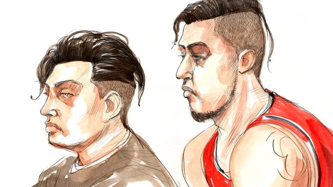 A court illustration of Armstrong Renata and Daniel Maxwell in court on Monday. Illustration: Jonathan Bentley