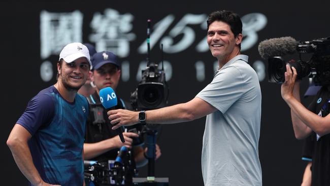 Mark Philippoussis has been behind the mic for most of the tournament – but also dusted off the racquet. Picture: Getty