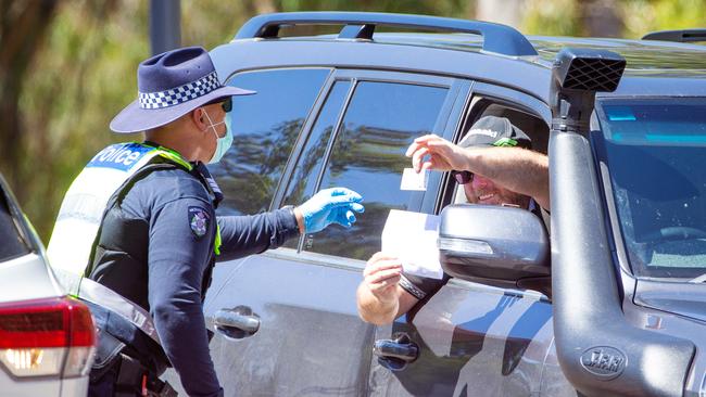 Victoria Police manned checkpoints along the Victorian border. Picture: Mark Stewart.