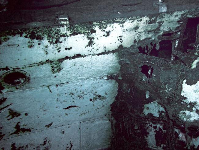 Torpedo damage shown in the side of the USS Indianapolis. Close-up details of the battle damage may reveal how the cruiser sank so fast. Picture: Twitter / Paul Allen