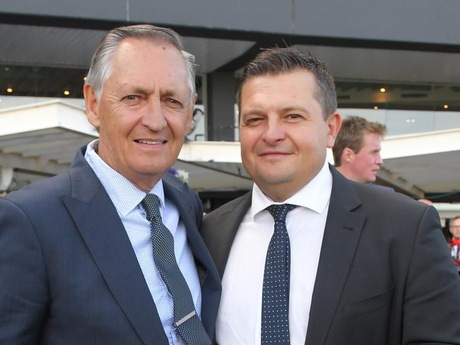 Trainers (L to R) Peter and Paul Snowden are seen after Reelem In Ruby wins race 7, the Hyland Race Colours Hot Danish Stakes during Golden Gift Ladies Day at Rosehill Gardens in Sydney, Saturday, November 9, 2019. (AAP Image/Simon Bullard) NO ARCHIVING, EDITORIAL USE ONLY