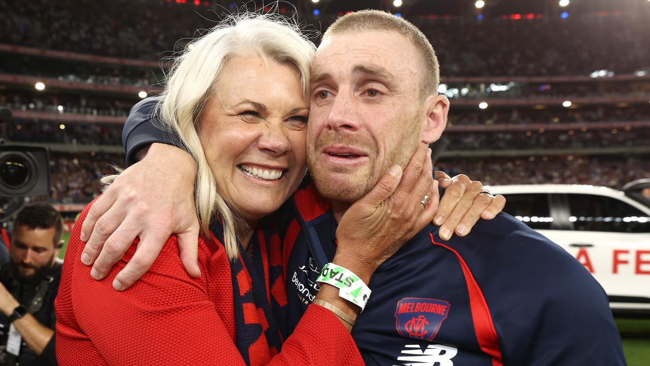 PERTH. 25/09/2021. AFL Grand Final. Melbourne vs. Western Bulldogs at Optus Stadium, Perth. . Simon Goodwin, senior coach of the Demons hugs president Kate Roffey after game. Photo by Michael Klein