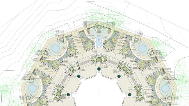 An artist's diagram showing proposed new landscaping, alterations and additions to the outside of the Baha'i Temple at Ingleside.