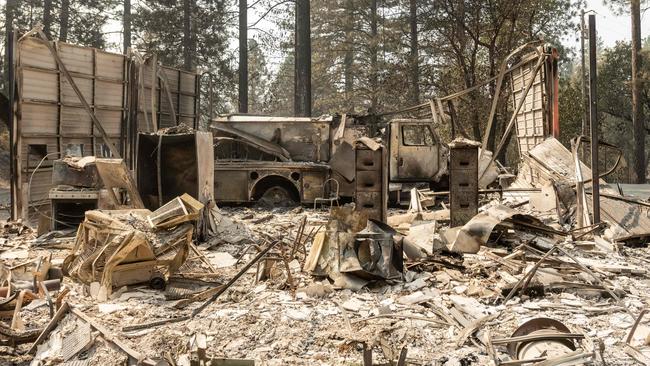 A burned firetruck inside the charred remains of Butte County Fire Station 61 during the Bear fire in California. Picture: AFP.