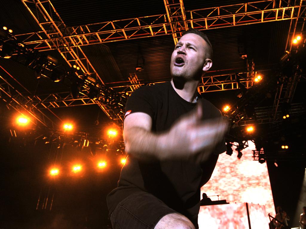 MC Pressure in action as Hilltop Hoods play Brisbane Riverstage on Friday, August 23, 2019. They play again Saturday. Picture: John Gass/AAP