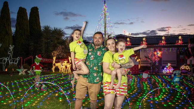 The Machado family Shannon, Amalia, 6, Adriana, Harlow, 3 with their Christmas light display in Blakeview. Picture: Emma Brasier