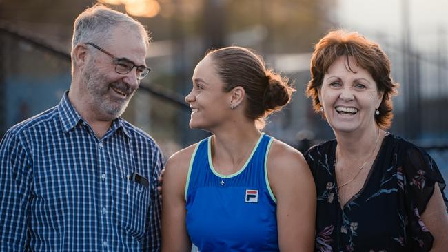 Ash Barty with her parents Robert and Josie. Picture: Nic Morley