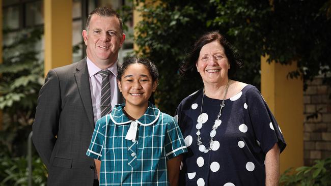 Executives Principal Daniel McInerney, Caitlyn Paulo and K-6 Principal Christine Scanlon at All Saints Catholic Primary School in Liverpool. Picture: Carmela Roche